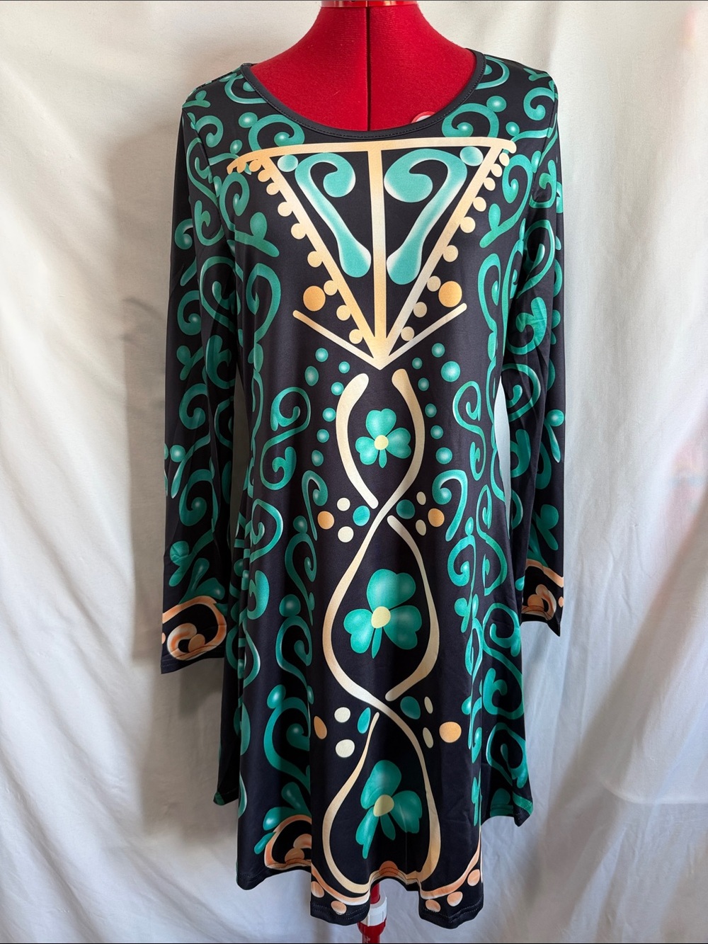 Black Floral-Print Long Sleeve Swing Dress with Teal & Gold Motif